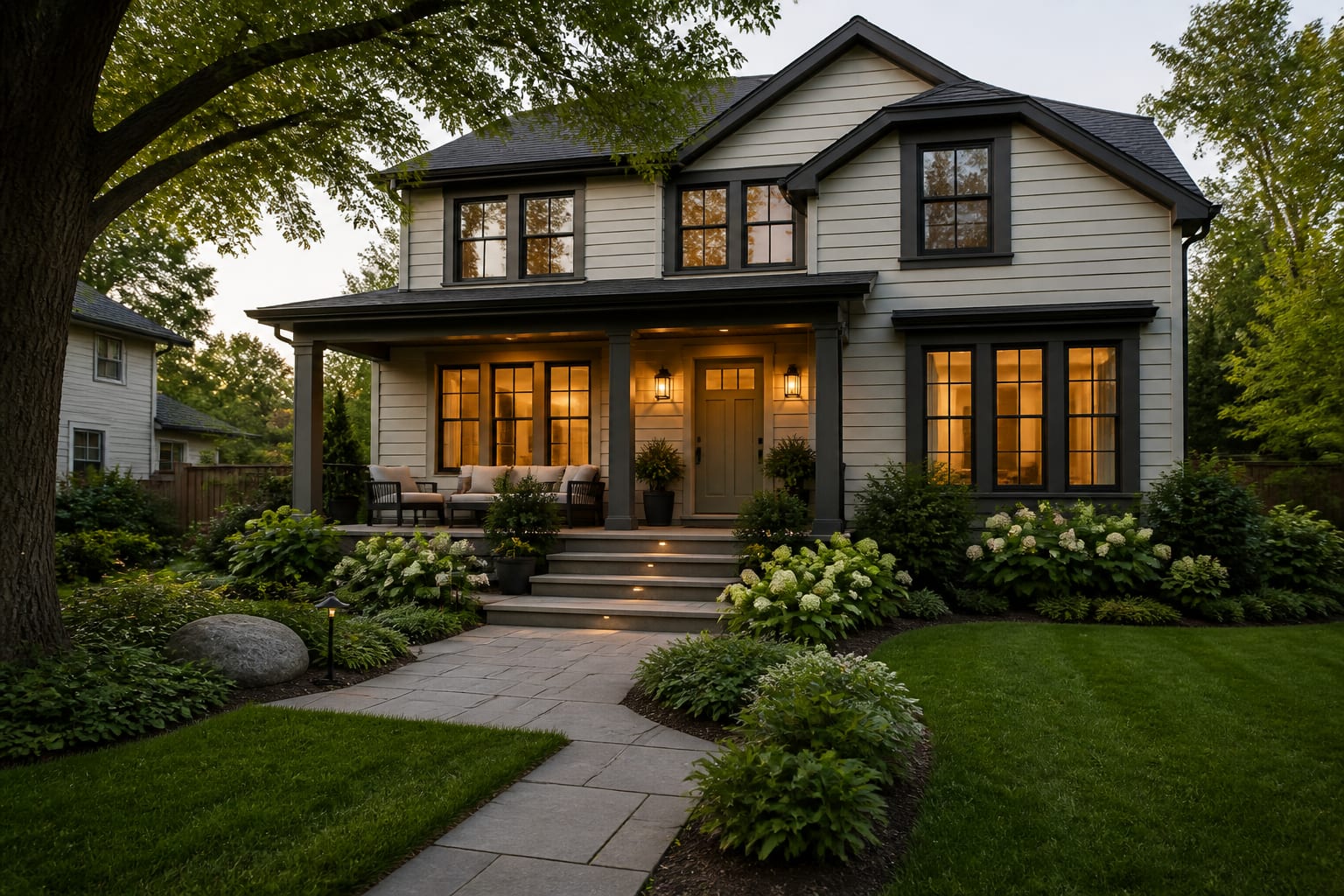 classic house exterior with fresh siding, darker trim, warm porch lights, layered foundation planting, and a painted front door