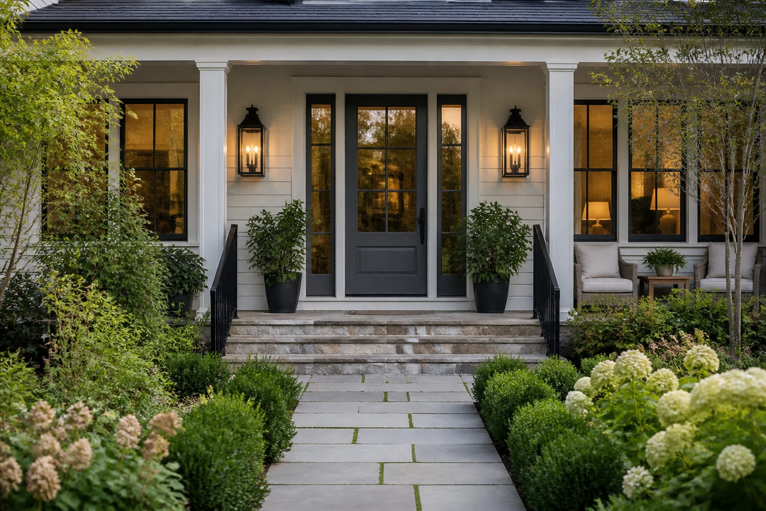 front porch facade with larger sconces, painted door, clear walkway, black railings, and layered shrubs framing the entry