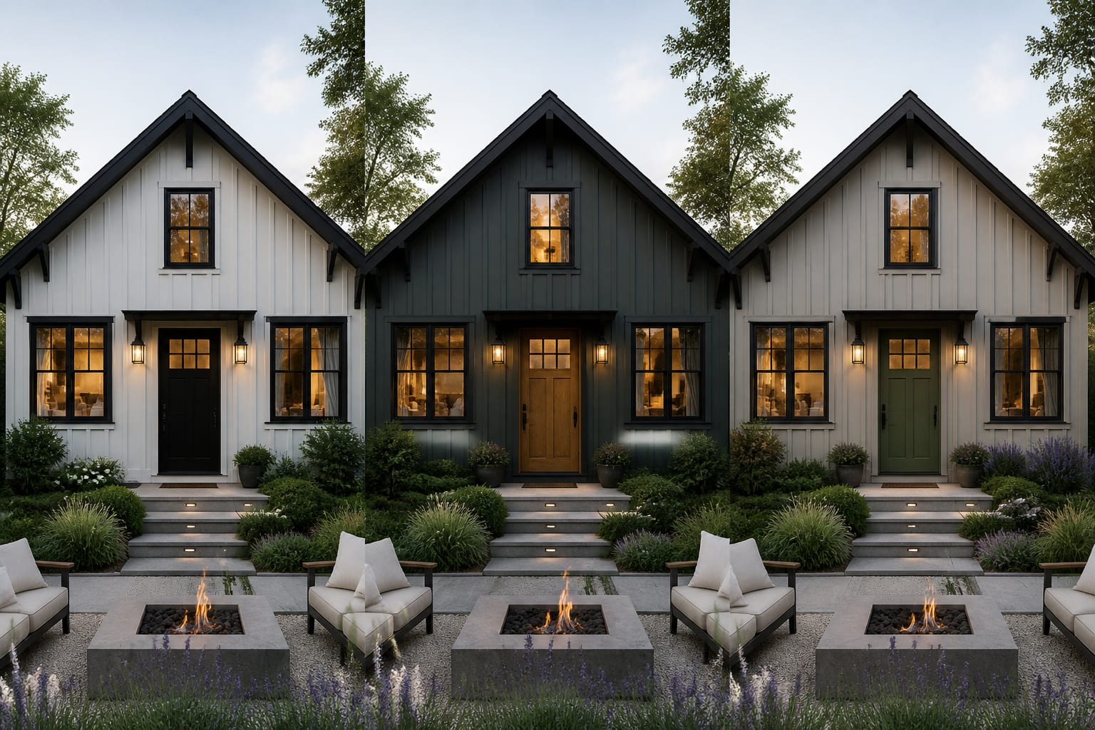 AI facade preview showing three exterior color options for the same house with door, trim, lighting, and planting variations
