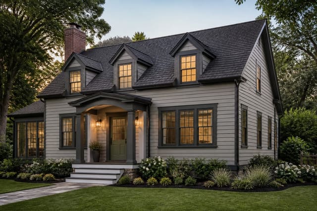 classic house exterior with fresh siding, darker trim, warm porch lights, layered foundation planting, and a painted front door