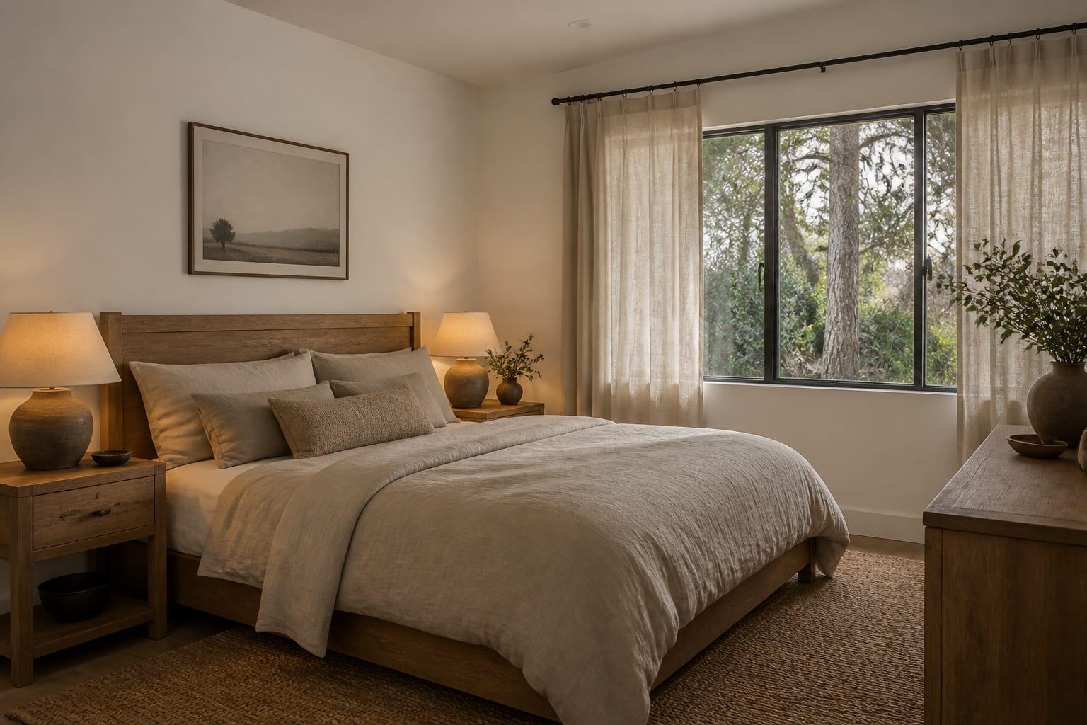 neutral bedroom with oak furniture, linen curtains, warm lamps, and visible style clues from existing decor