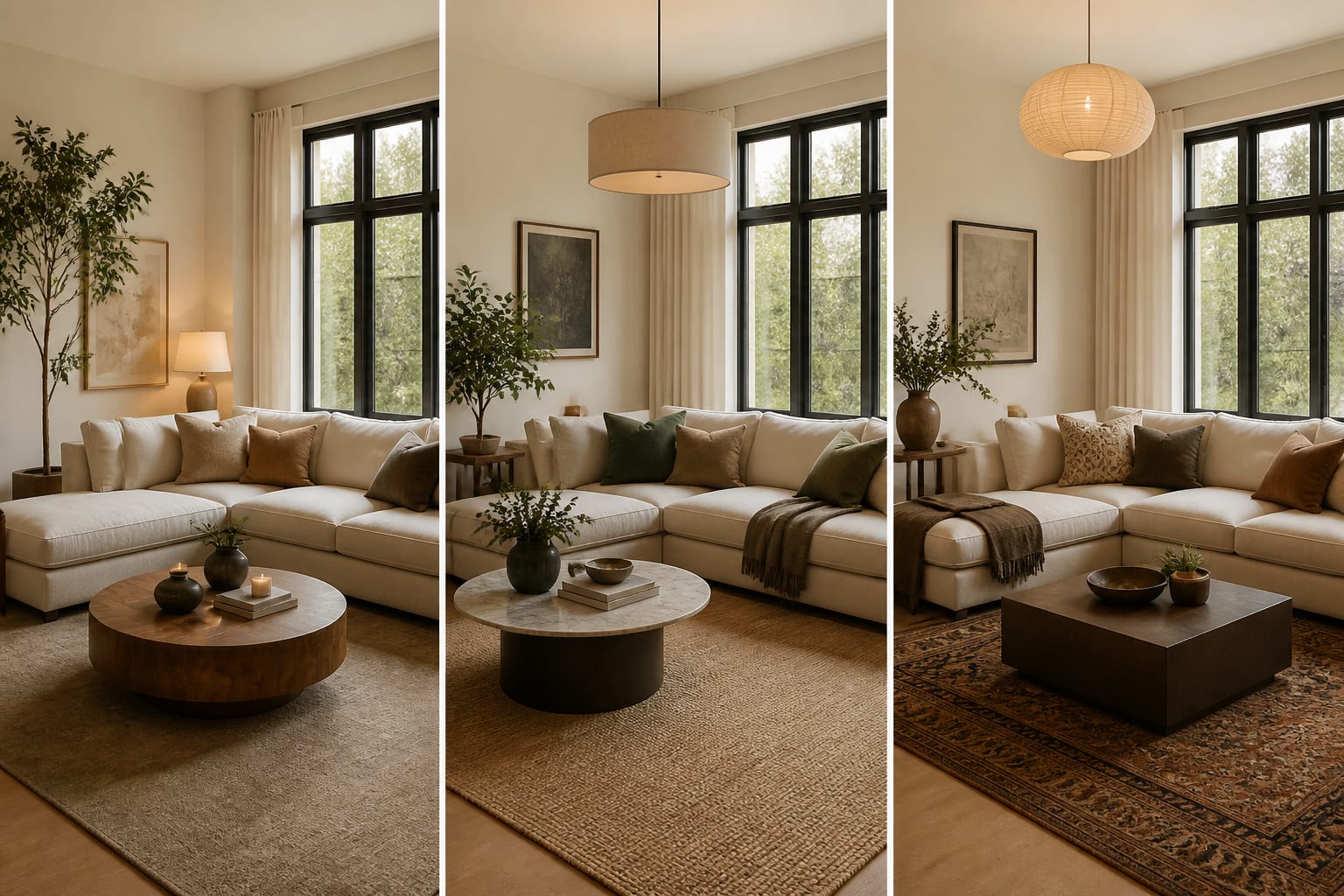 same living room previewed in three related style directions while keeping the sofa, floor, and windows unchanged