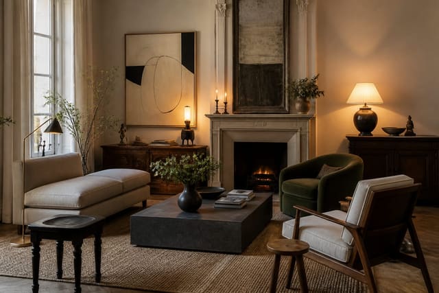 living room with mixed traditional and modern furniture being analyzed for color, material, and scale clues