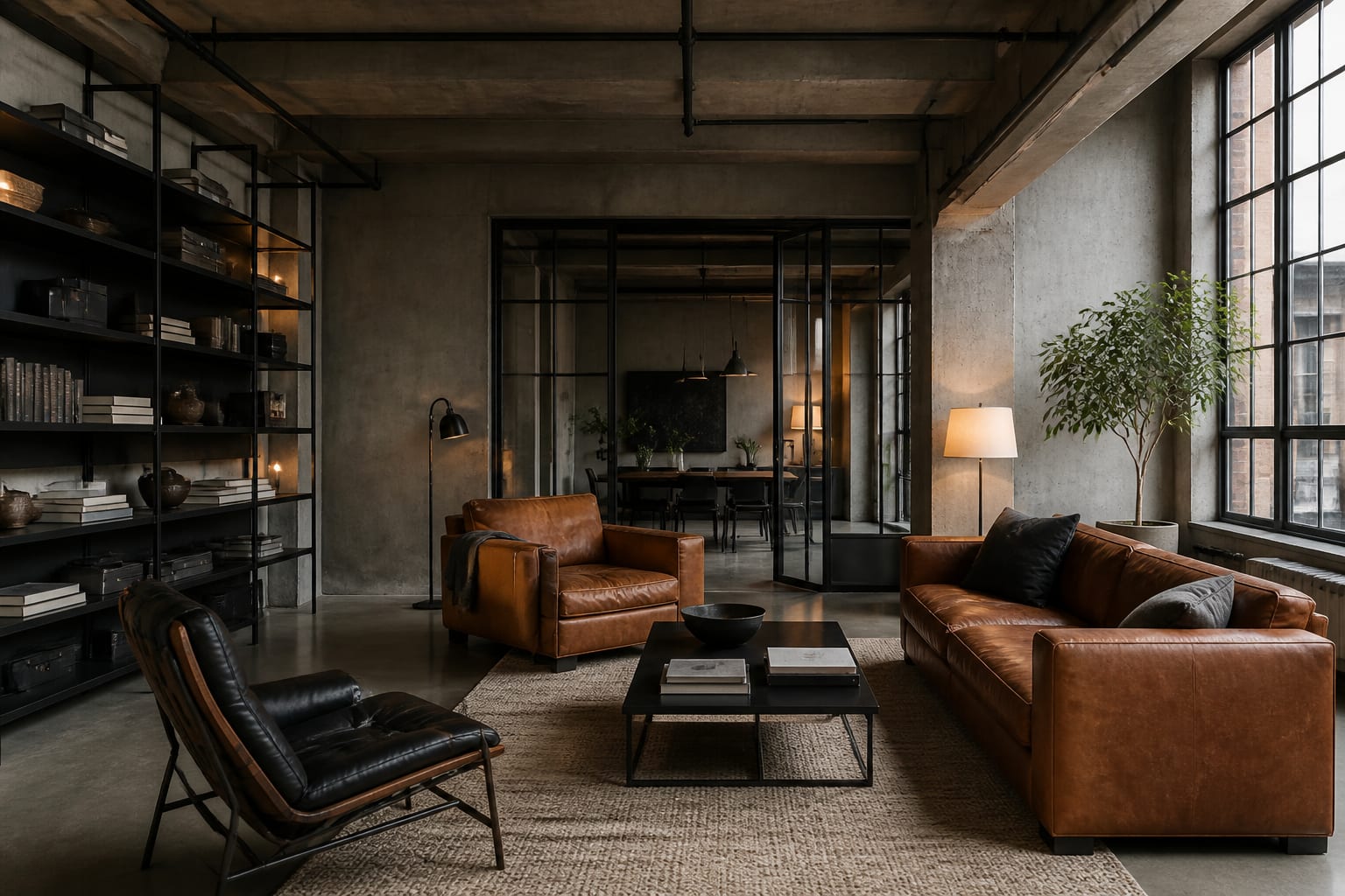 industrial living room with concrete floor, black metal shelving, warm leather seating, and visible existing windows