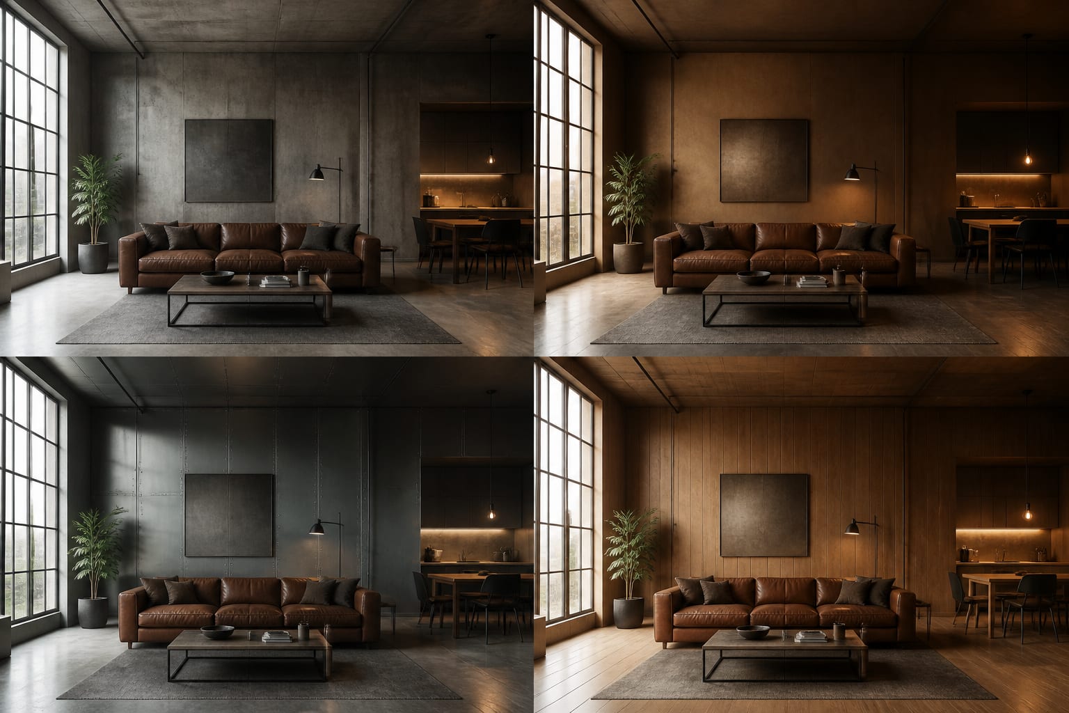 same apartment room compared in four industrial AI previews with concrete, leather, metal, and warm wood variations