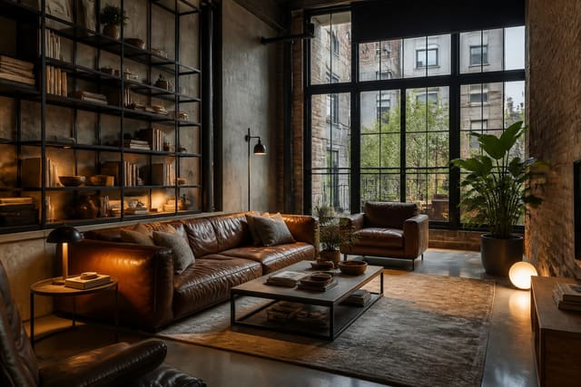 industrial living room with concrete floor, black metal shelving, warm leather seating, and visible existing windows