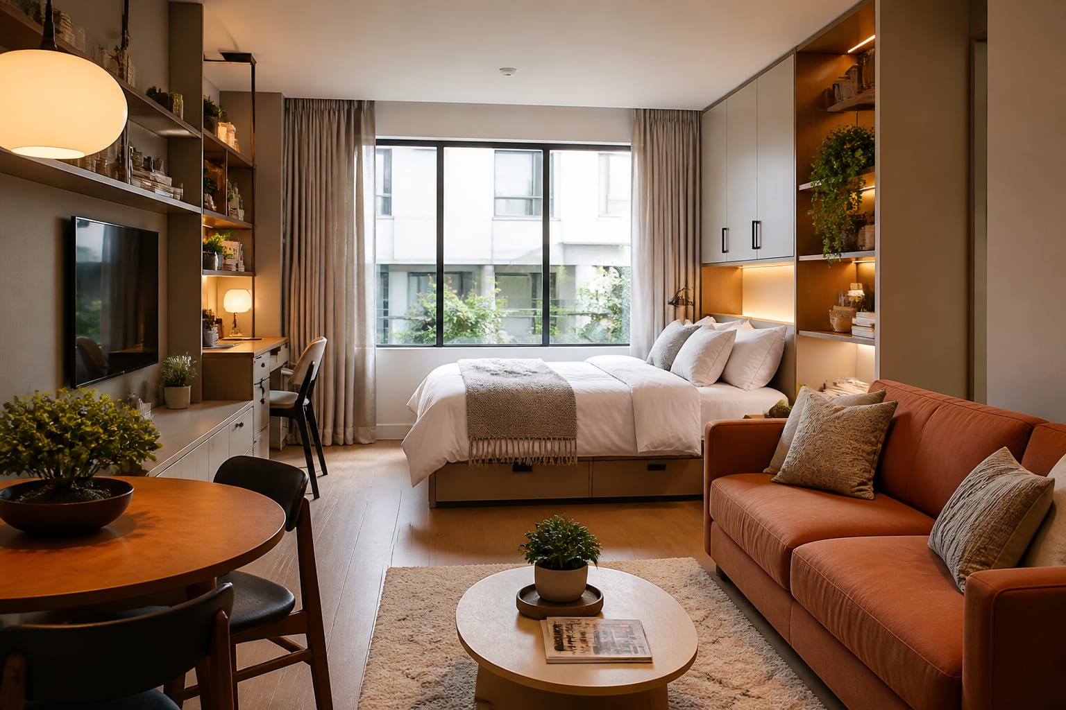 compact studio apartment with clear walking paths, wall storage, warm lighting, and a scaled sofa near a small dining nook