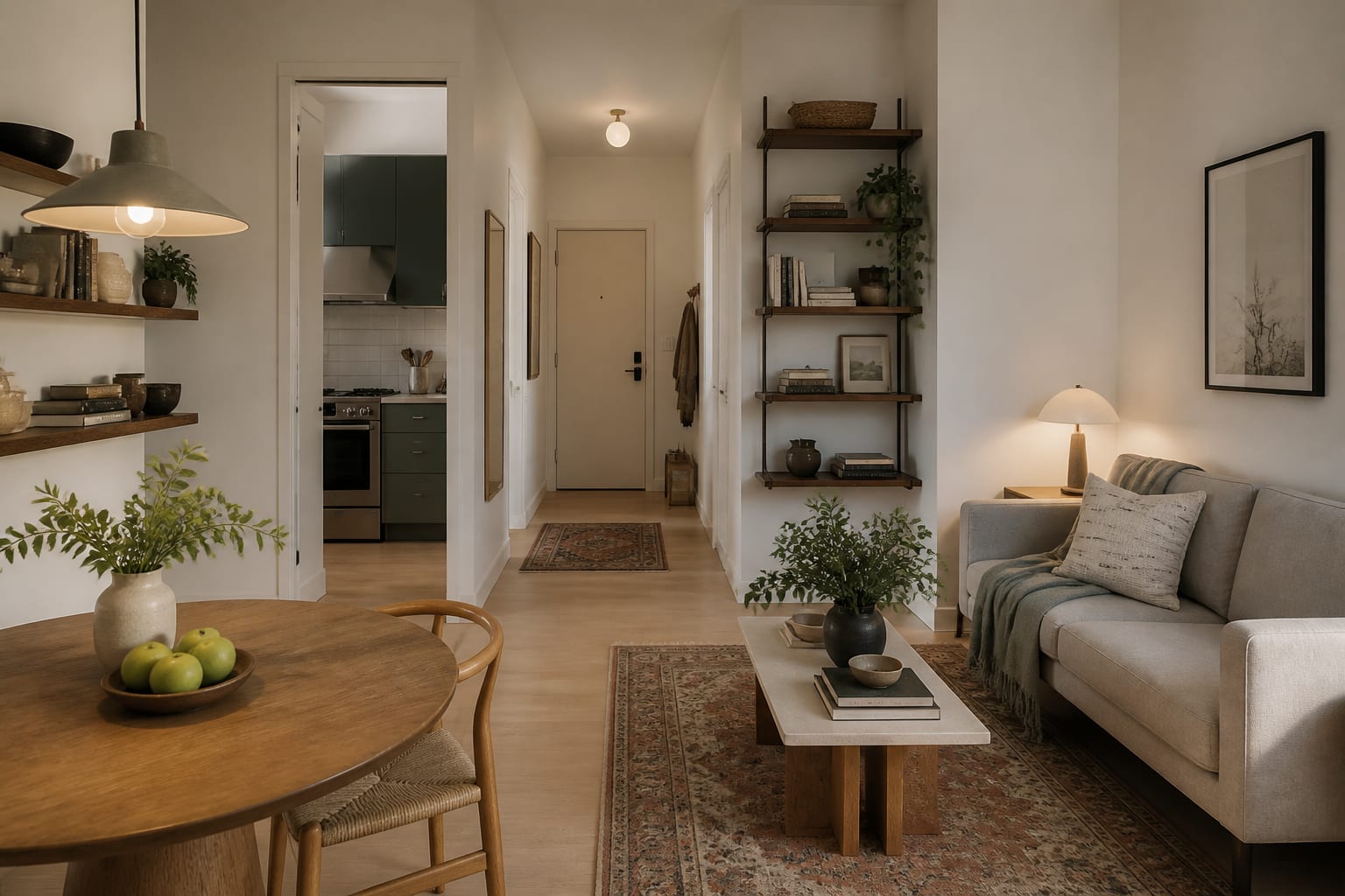 small apartment floor plan preview with a compact sofa, round dining table, wall shelves, and open 36 inch walking routes