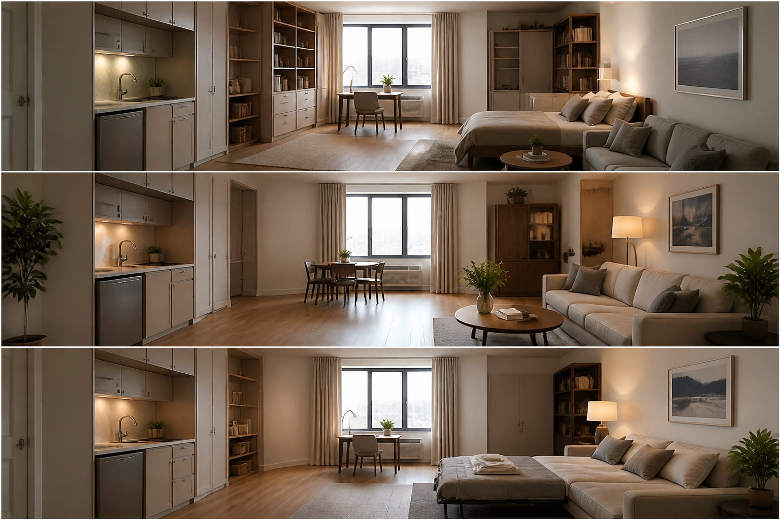 AI preview of a studio apartment comparing storage-heavy, open-floor, and guest-ready layouts from the same camera angle