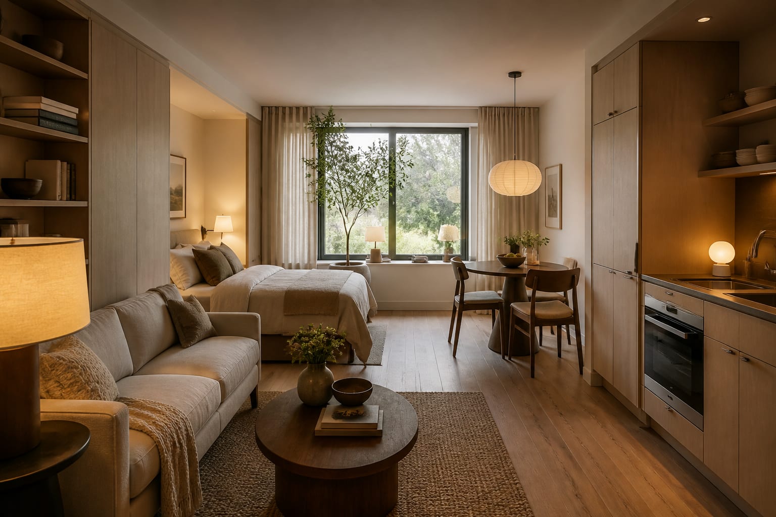 compact studio apartment with clear walking paths, wall storage, warm lighting, and a scaled sofa near a small dining nook