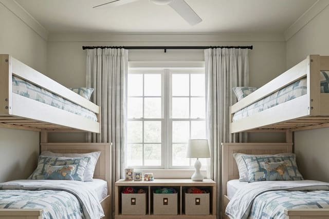 child's bedroom with low wood bed, soft washable rug, toy storage, warm wall color, and clear floor path