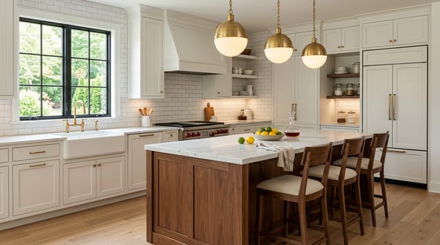 An AI kitchen design preview showing painted shaker cabinets with a walnut island, honed marble counters, brass pendants, and a subway backsplash generated from a real kitchen photo