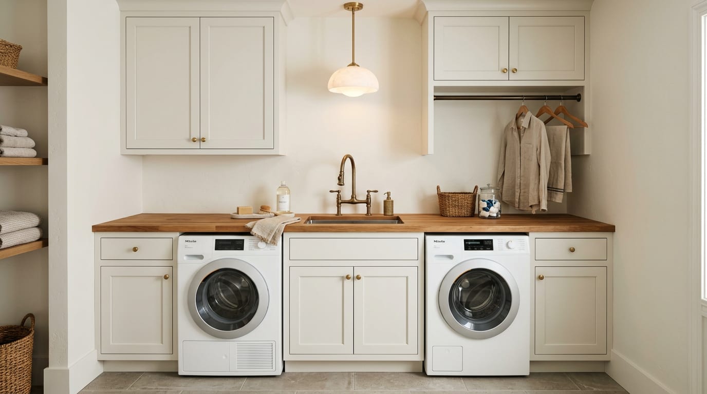 An AI laundry room redesign preview showing painted shaker uppers above a 24-inch butcher-block counter, a stainless utility sink, a hanging drying rod, and an alabaster pendant generated from a real laundry room photo