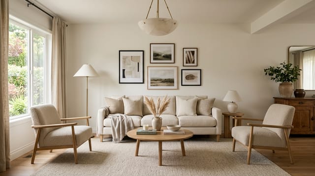 An AI living room redesign preview showing a cream three-seat sofa, oat-textured chairs, a low-pile wool rug, layered lamp lighting, and an alabaster pendant generated from a real room photo