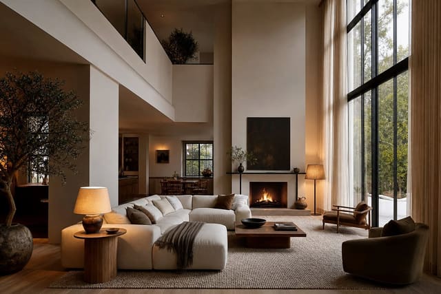 open loft apartment with mezzanine bedroom, slim stair, warm lighting, and defined living zone below the rail