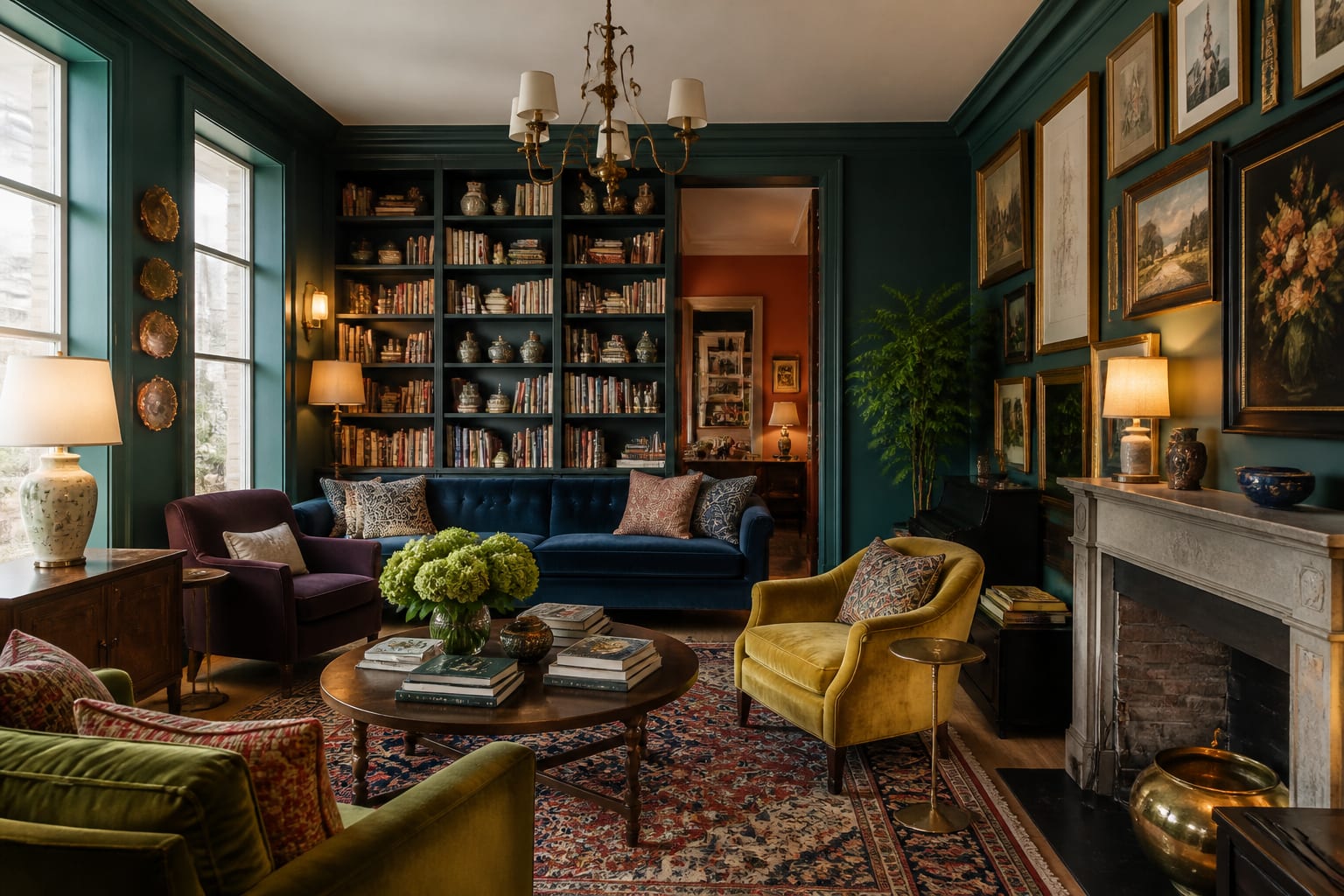 layered maximalist living room with patterned rug, saturated walls, art salon wall, velvet seating, and warm lamps