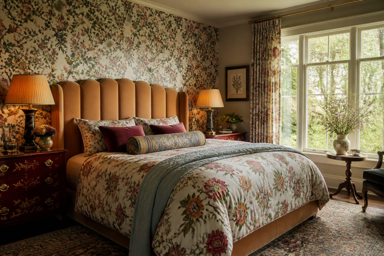 maximalist bedroom with floral wallpaper, tall upholstered headboard, patterned bedding, lacquer nightstands, and shaded lamps