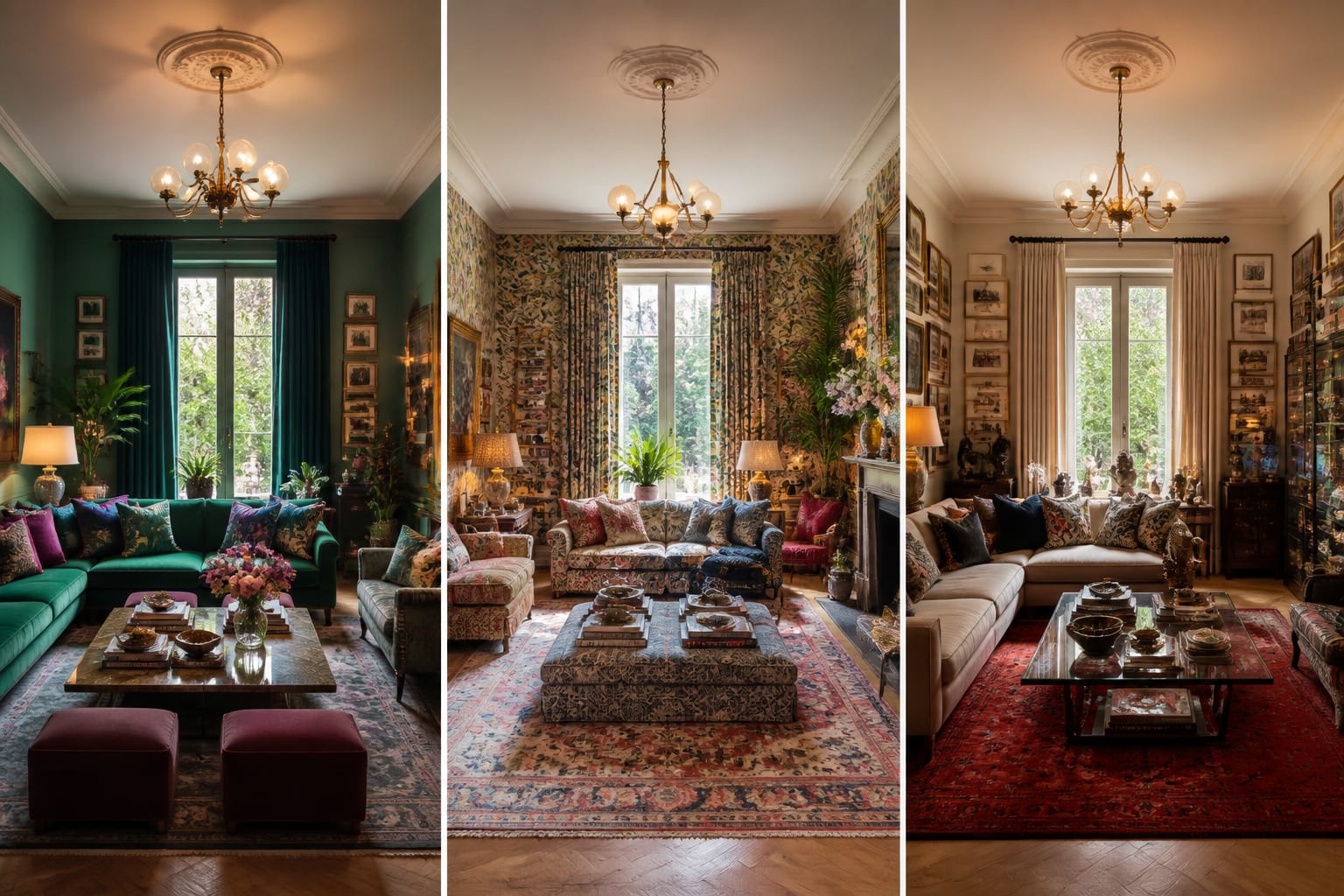 AI preview comparison of one room as color-led, pattern-led, and collection-led maximalist interiors