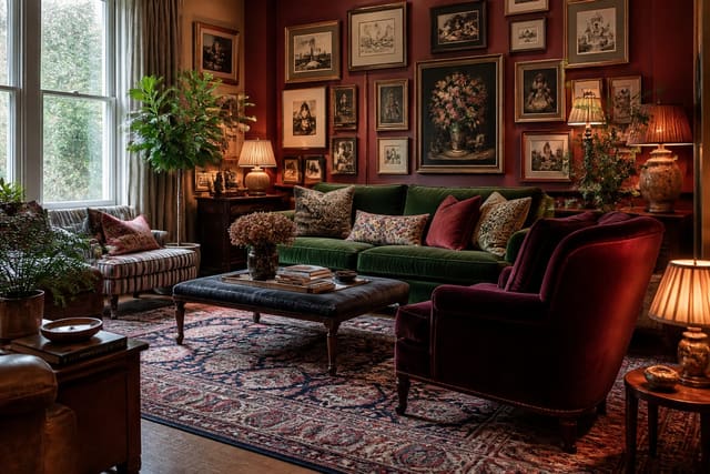 layered maximalist living room with patterned rug, saturated walls, art salon wall, velvet seating, and warm lamps