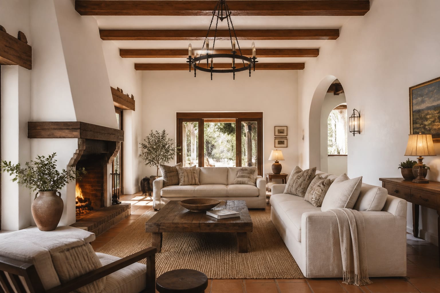 Mediterranean living room with whitewashed walls, terracotta floor tones, linen seating, iron lighting, and warm wood accents