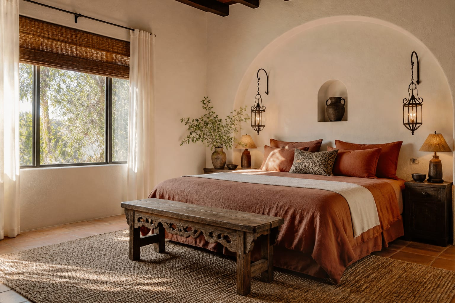 White plaster bedroom with terracotta textiles, woven shades, iron lamps, and a carved wood bench at the foot of the bed