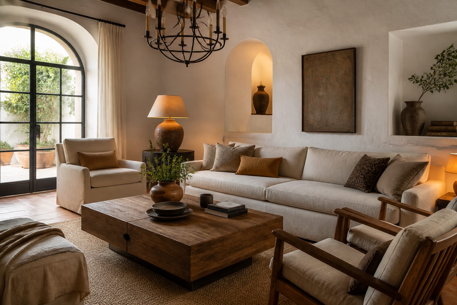 Mediterranean living room with whitewashed walls, terracotta floor tones, linen seating, iron lighting, and warm wood accents