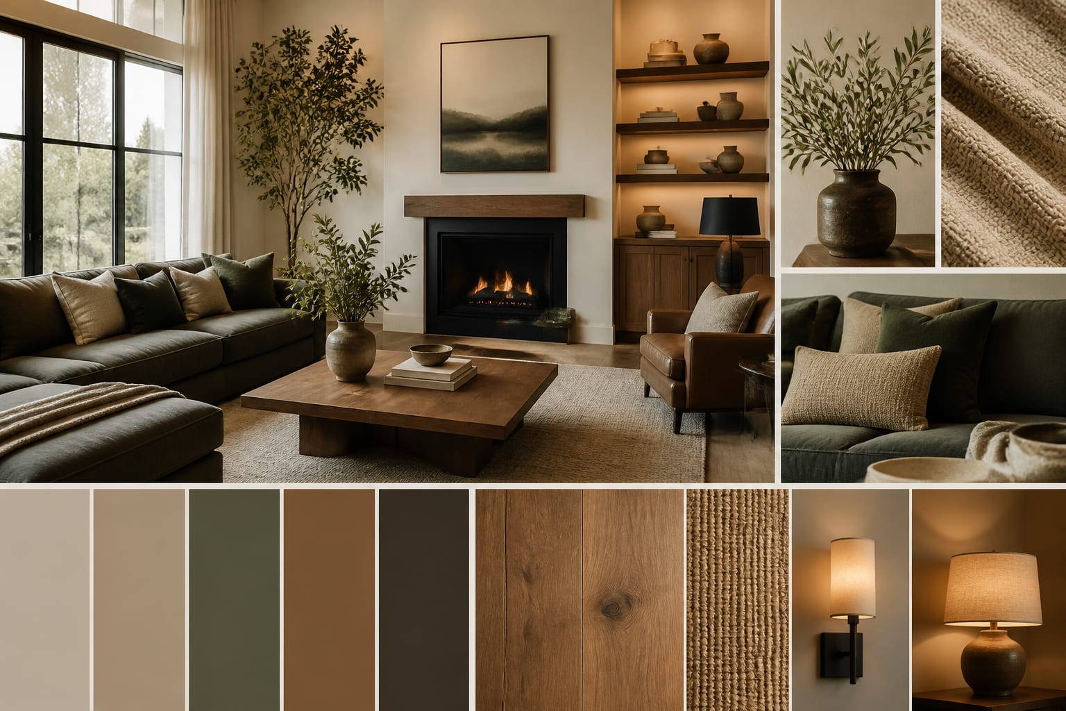 living room photo being turned into a warm modern mood board with palette chips, wood tones, textiles, and lighting ideas