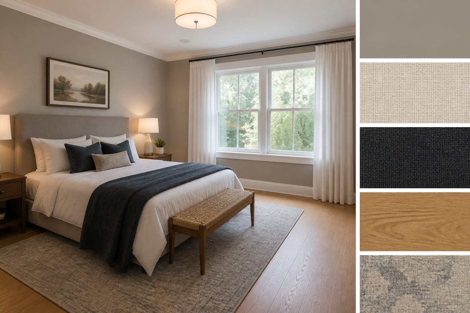 clean bedroom photo with visible oak floor, white trim, queen bed, window, and material swatches arranged beside the image