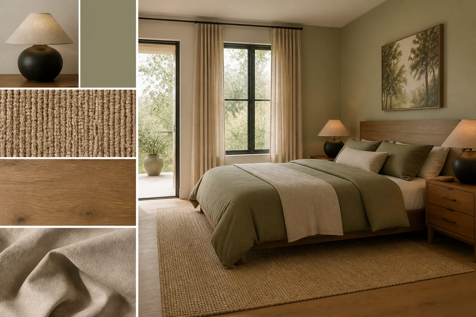 ai-generated room preview beside its source mood board with matching paint, rug texture, wood finish, lamp style, and curtain fabric