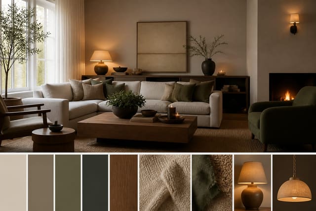 living room photo being turned into a warm modern mood board with palette chips, wood tones, textiles, and lighting ideas