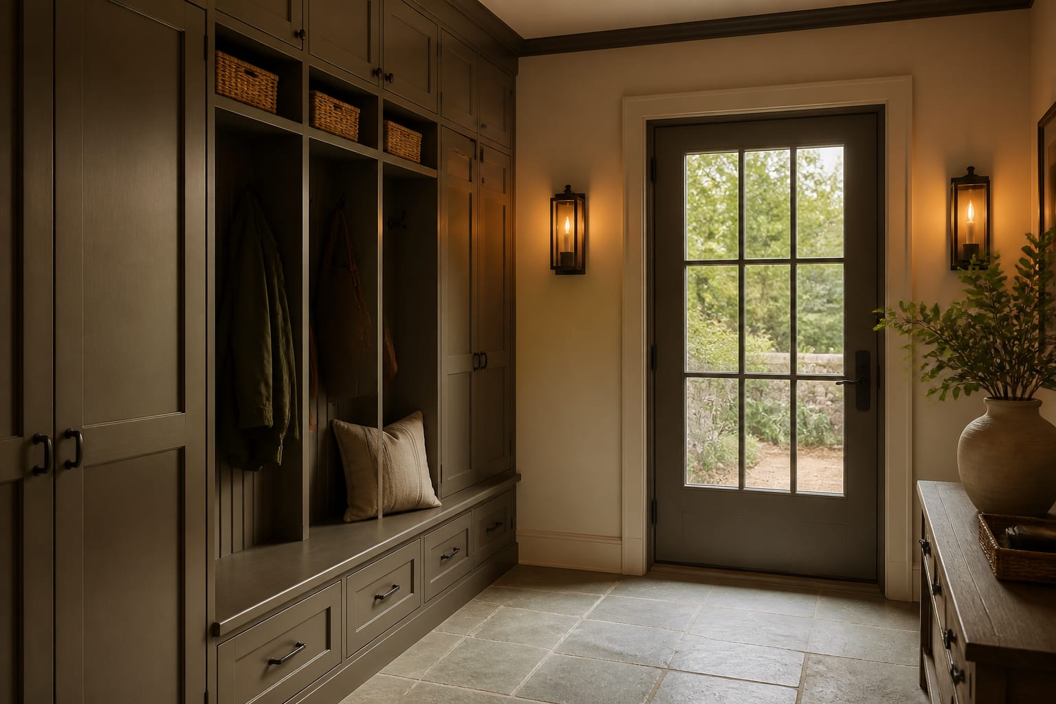 organized mudroom with built in bench, tall lockers, shoe drawers, slate floor, and warm wall sconces near an exterior door