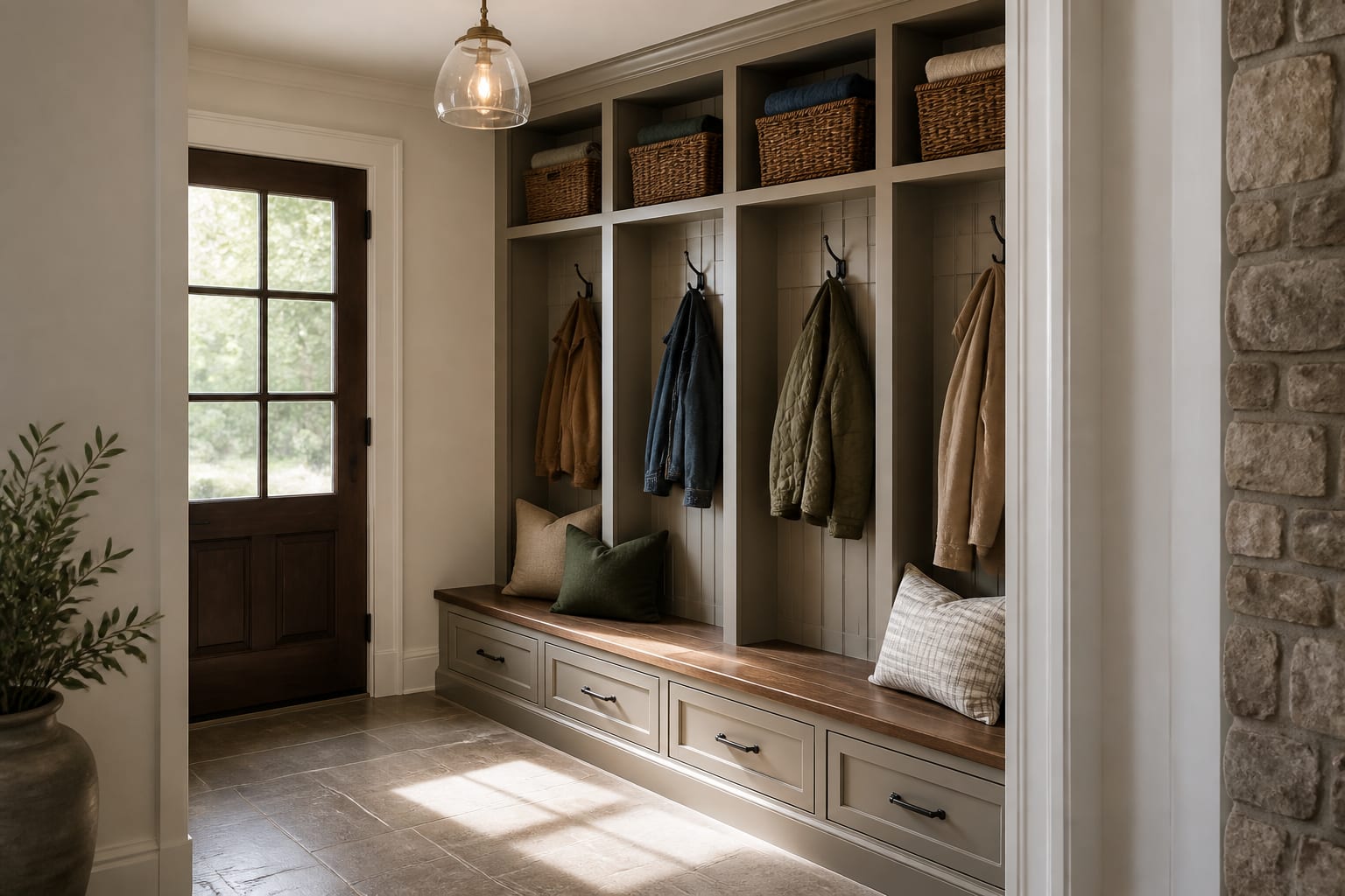 compact mudroom wall with bench drawers, labeled cubbies, coat hooks, and a clear walking path from the exterior door
