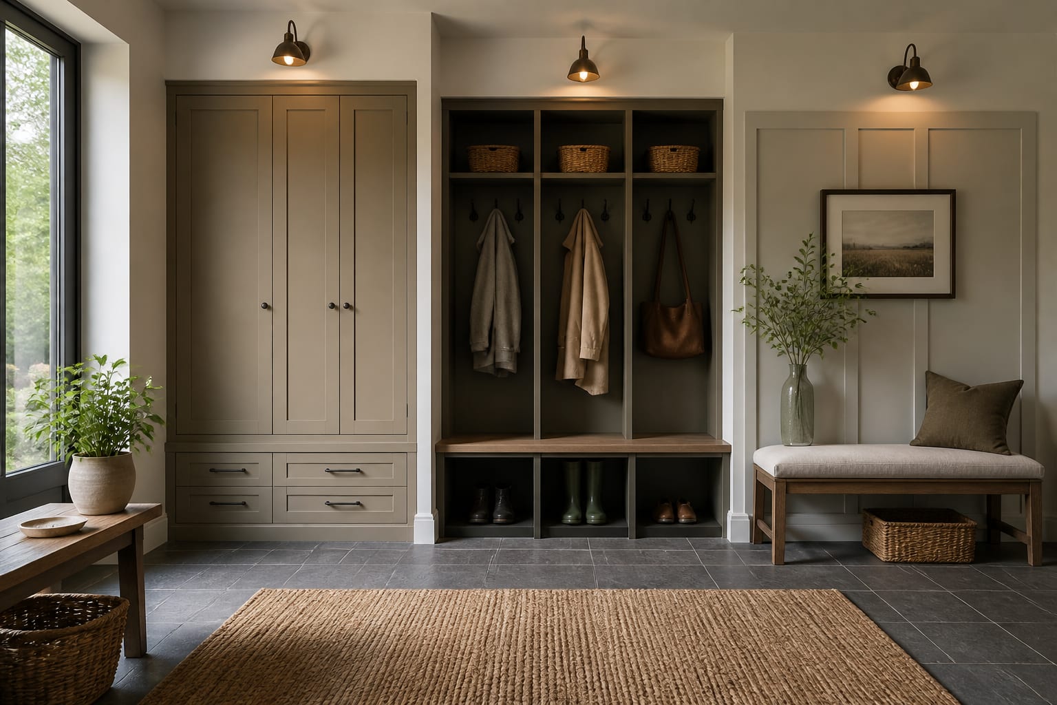 AI mudroom preview showing three design directions with closed cabinets, open lockers, and a freestanding bench option
