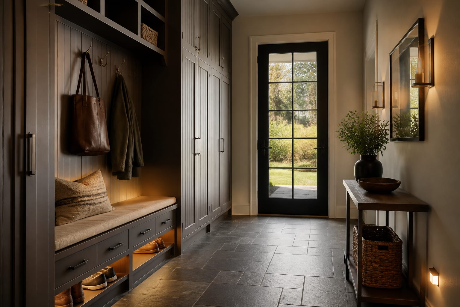organized mudroom with built in bench, tall lockers, shoe drawers, slate floor, and warm wall sconces near an exterior door