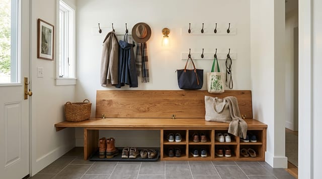 An AI mudroom redesign preview showing an oak bench with flip-up lid, two rows of hooks, boot tray below, porcelain tile floor, and a sconce above the bench generated from a real entry photo