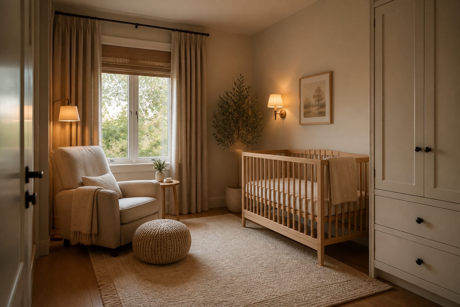 warm neutral nursery with crib on a solid wall, upholstered glider, blackout curtains, soft rug, and closed storage