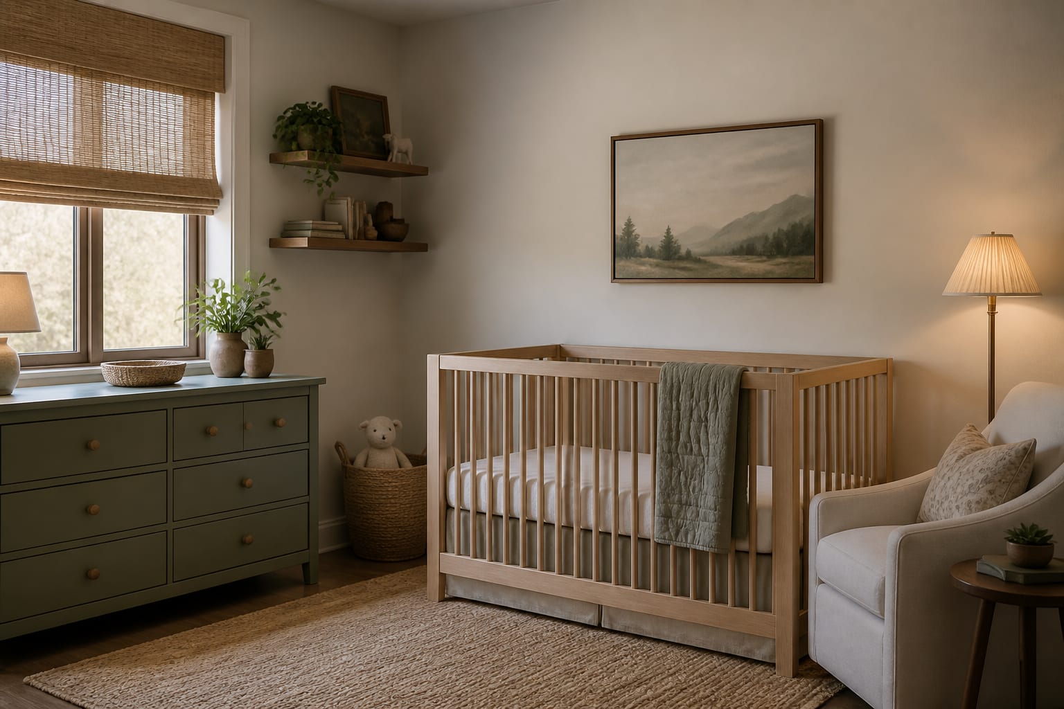 compact nursery with crib on a solid wall, muted green dresser, woven shade, and a low washable rug