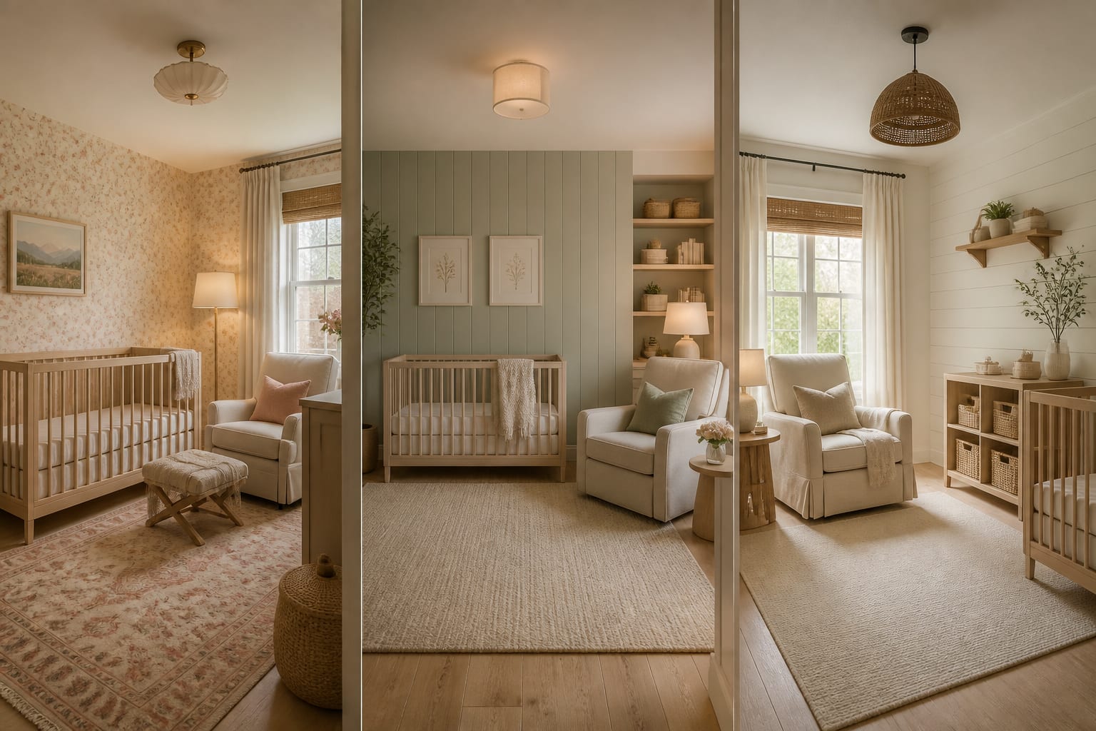 AI nursery preview showing three calm baby room layouts with different crib walls, glider placement, and storage options