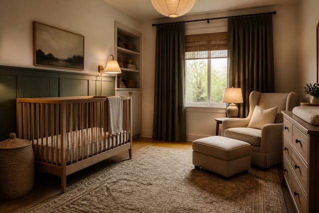 warm neutral nursery with crib on a solid wall, upholstered glider, blackout curtains, soft rug, and closed storage
