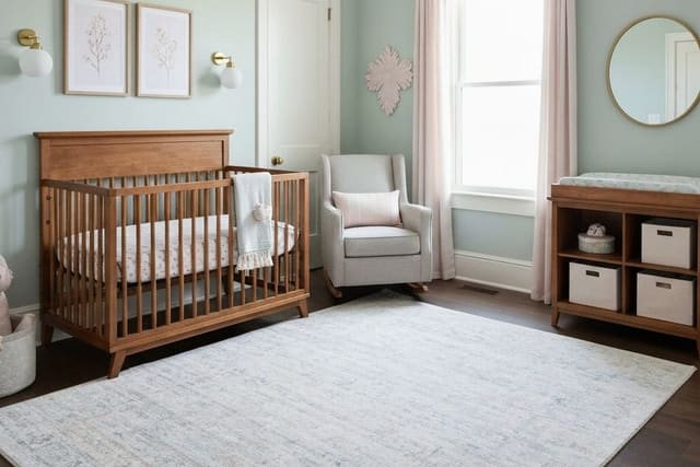 soft sage nursery with a natural wood crib, blackout curtains, low dresser changing station, and warm bedside lamp