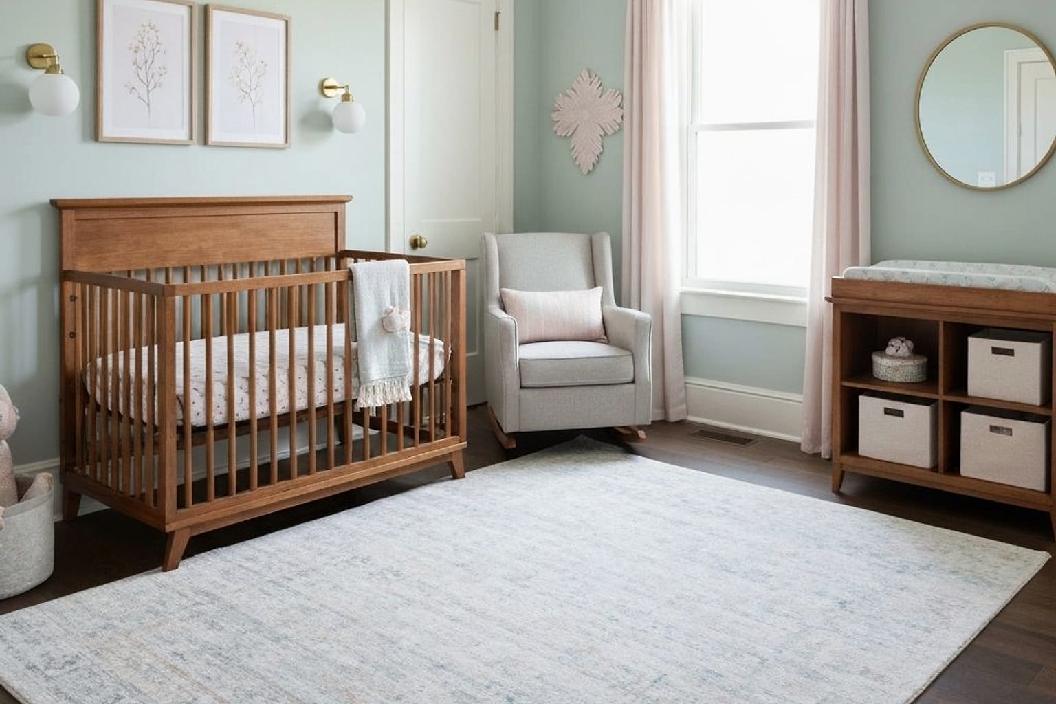 soft sage nursery with a natural wood crib, blackout curtains, low dresser changing station, and warm bedside lamp