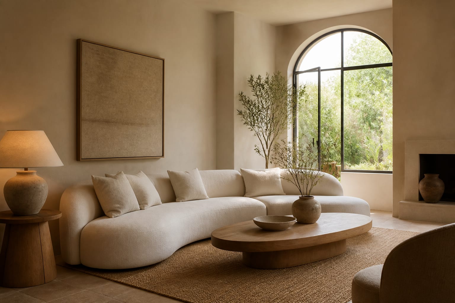organic modern living room with curved linen sofa, oak table, stone lamp, woven rug, and warm neutral walls