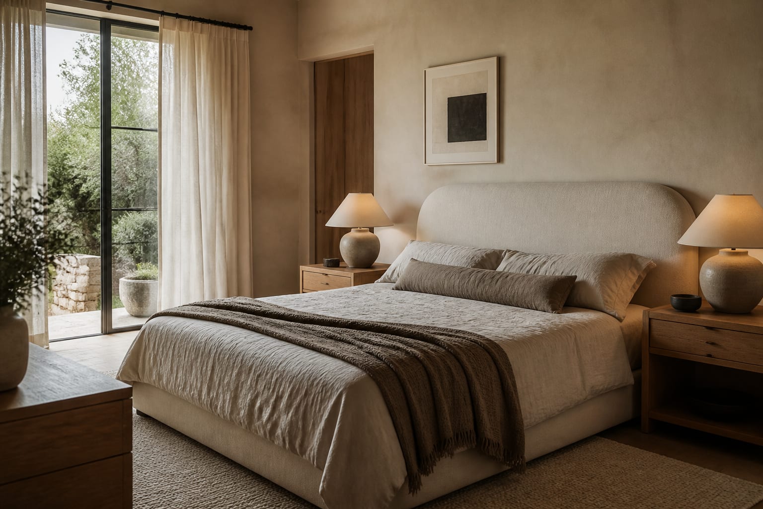 organic modern bedroom with rounded upholstered headboard, oak nightstands, linen curtains, stone lamp, and wool rug