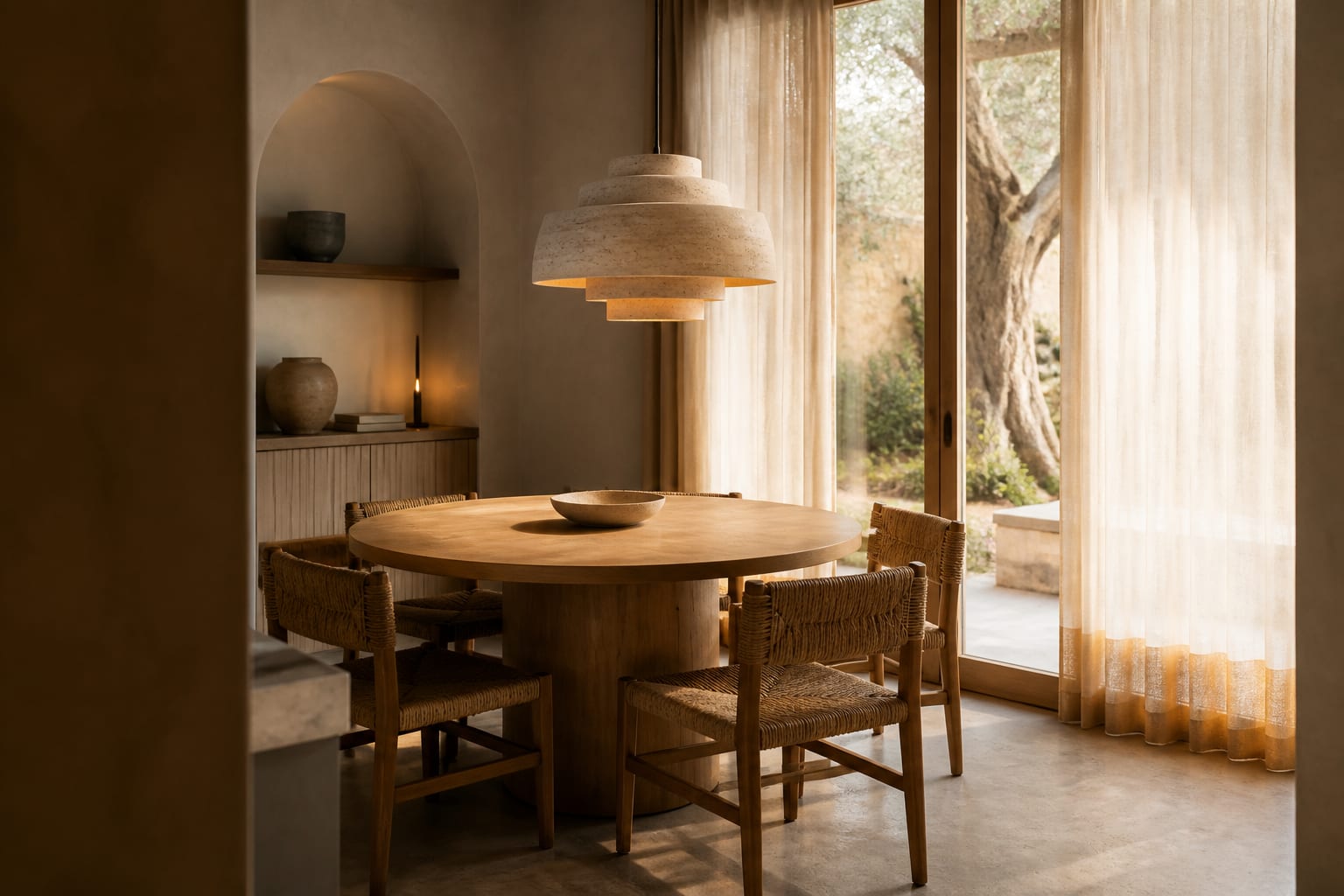 organic modern dining nook with round oak table, woven chairs, travertine pendant, plaster walls, and full length linen curtains