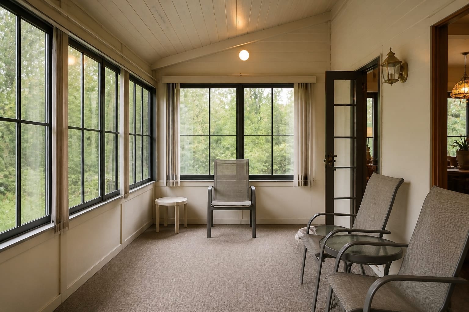 Narrow enclosed porch with outdoor furniture, bare floor, exposed tracks, harsh daylight, and no clear room function.