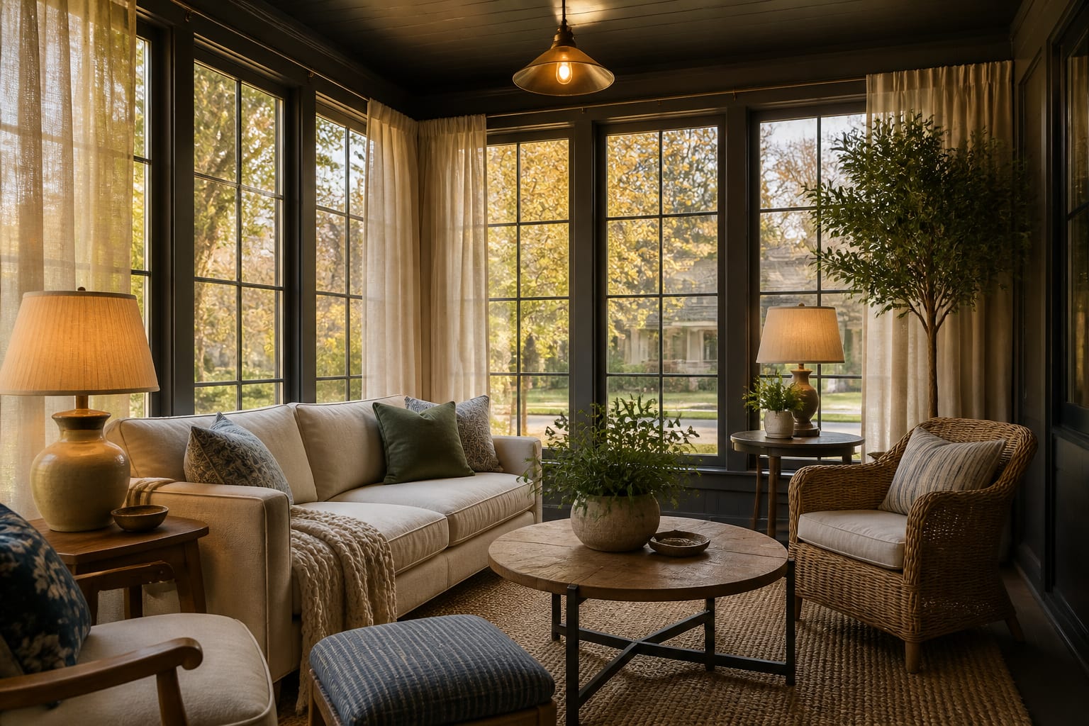 Enclosed porch redesigned as a warm sunroom with insulated flooring, linen curtains, layered lamps, and compact lounge furniture