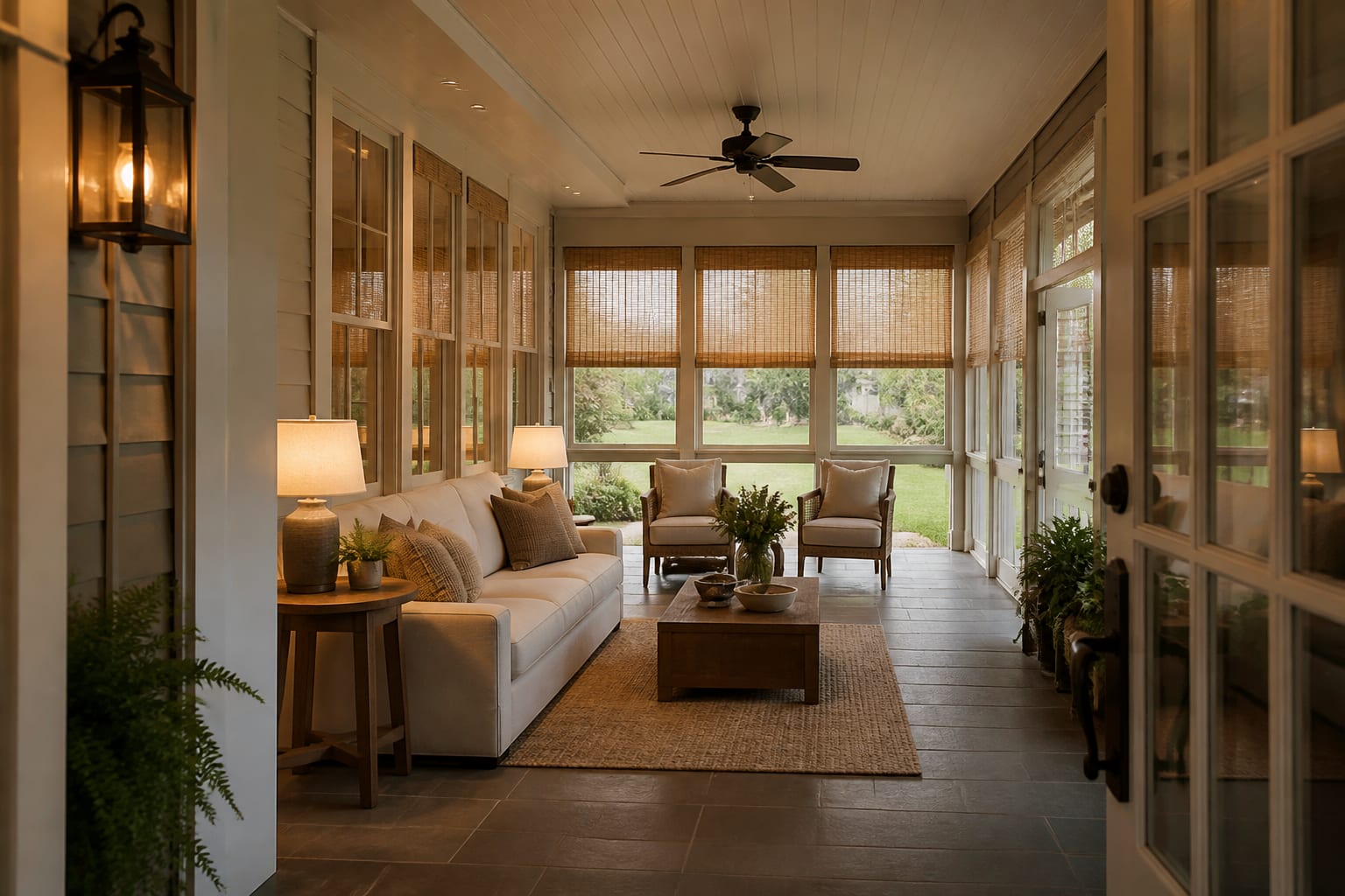 Converted enclosed porch with woven shades, a low-profile sofa, warm table lamps, and a clear walkway from the house entry