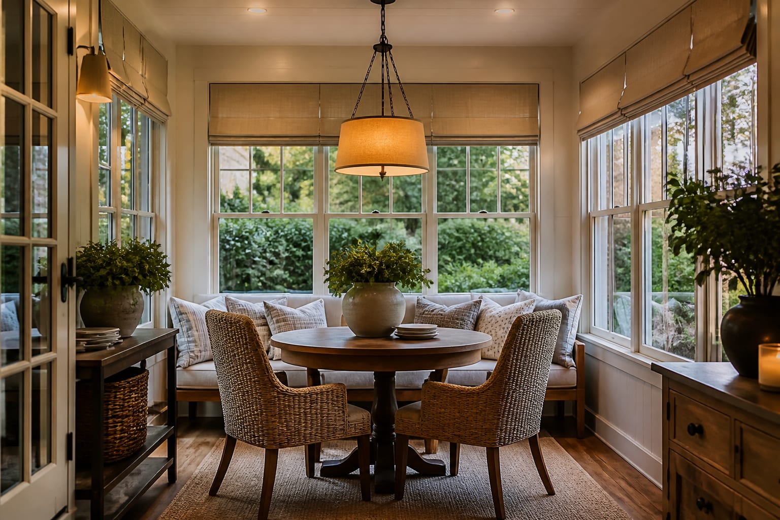 Finished sunroom conversion with a small breakfast table, warm wood accents, Roman shades, and interior-style pendant lighting