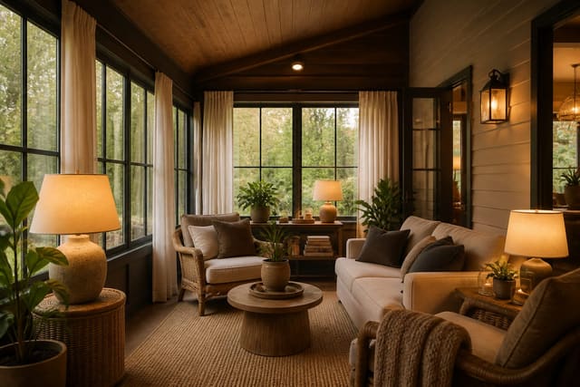 Enclosed porch redesigned as a warm sunroom with insulated flooring, linen curtains, layered lamps, and compact lounge furniture