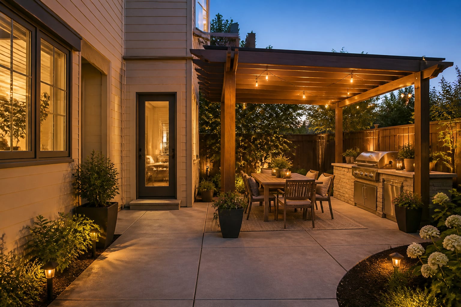 same patio angle redesigned with built in grill, stone counter, dining table, pergola shade, warm lighting, planters, and clear cooking circulation.